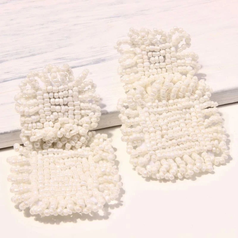 Bohemian Beaded Square Fringe Drop Earrings for Women