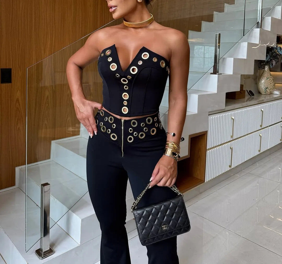 V Neck Top And Wide Leg Pants Set