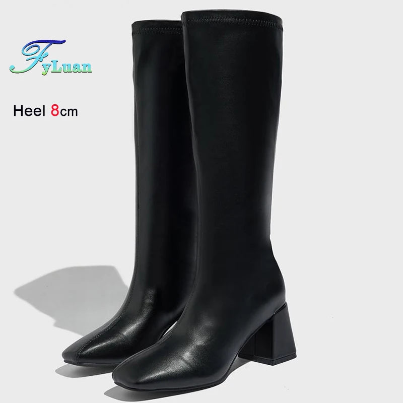Black Square Toe Knee High Boots
