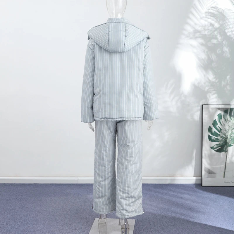 Striped Hooded Puffer Jacket and Wide Leg Pants Set for Women