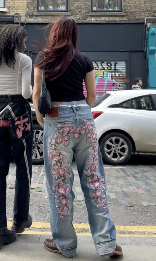 Vintage American Sakura Embroidery Graphic Jeans Women Y2K Harajuku Hip Hop Casual Baggy Pants Wide Trousers Gothic Streetwear