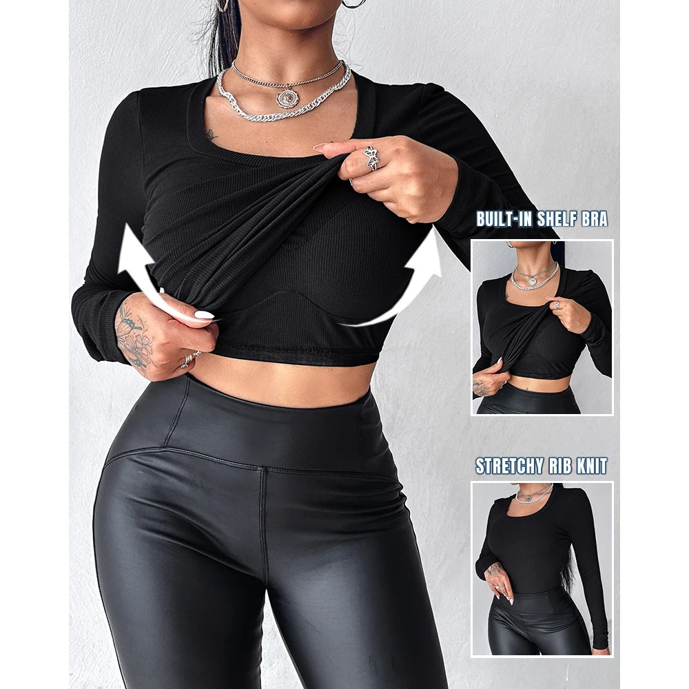 Autumn Spring Women U-Neck Built-in Bra Long Sleeve Ribbed Top Femme Skinny Casual Basic Easy Matching T-Shirts