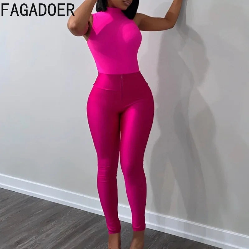 FAGADOER Summer New Fashion Zipper Patchwork Leggings Pants for Woman Solid Color High Waist Bodycon Pants Female Sportswear New