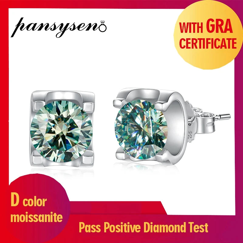 Stud Earrings With Blue Green Moissanite 2 Carat Total Elegant Timeless Style Gift