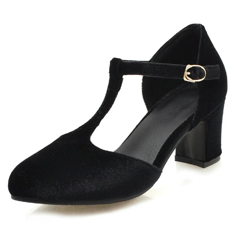 Velvet T Strap Square Heel Mary Janes
