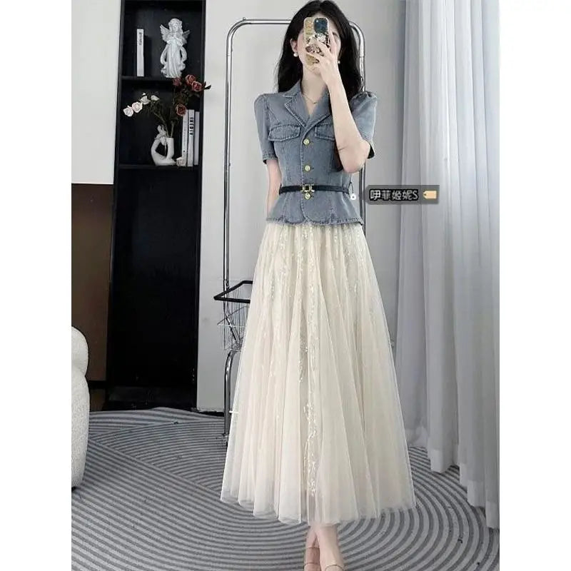 Slim Fit Denim Jacket and Mesh Skirt Two Piece Set for Women