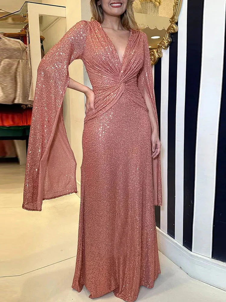Elegant Sequin V Neck Long Sleeve Floor Length Maxi Dress for Women