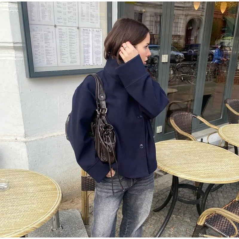 Double Breasted Cropped Jacket With Turn Down Collar for Women