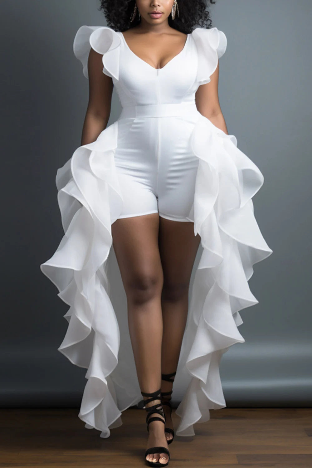 Plus Size Daily White Elegant V Neck Short Sleeve With Skirt Overlay Contrast Rompers