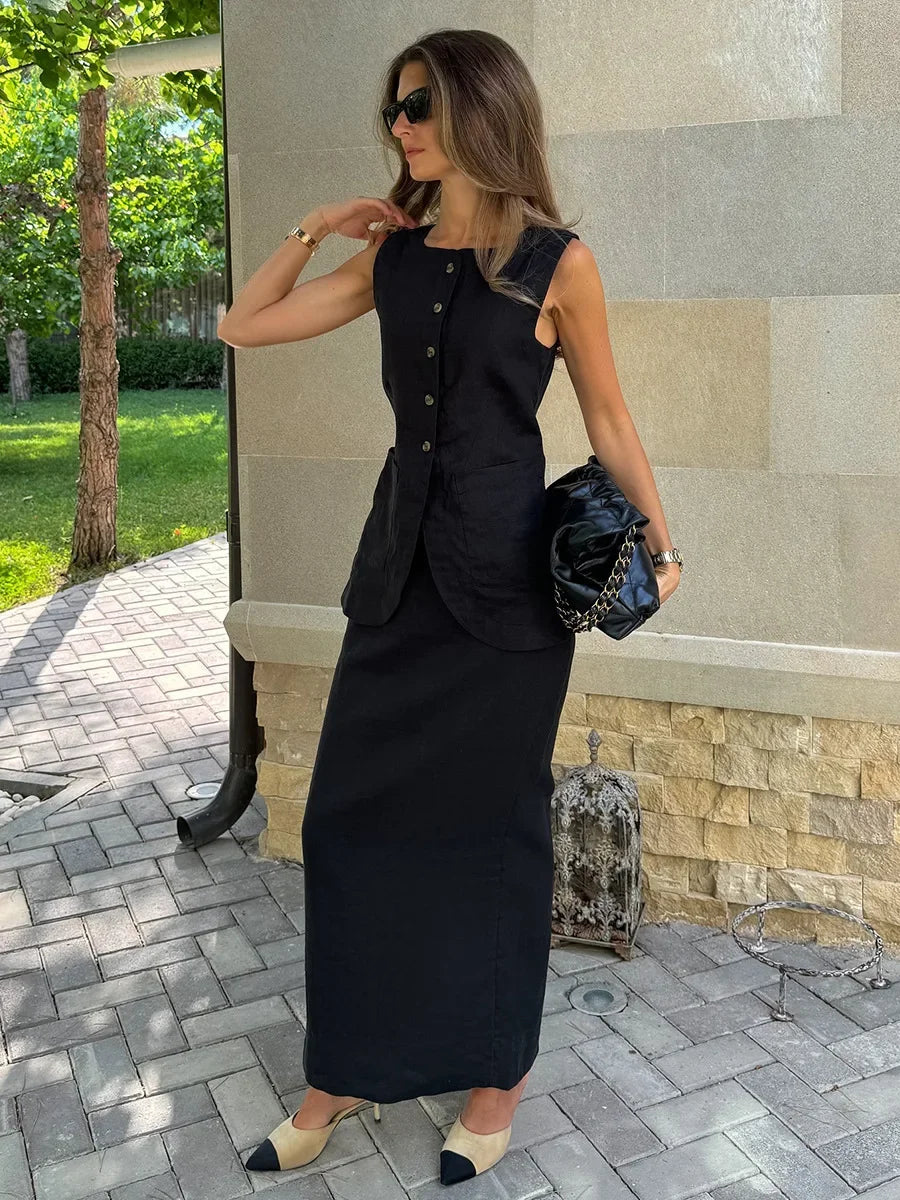 Breathable Linen High Waist Vest And Skirt Set For Women