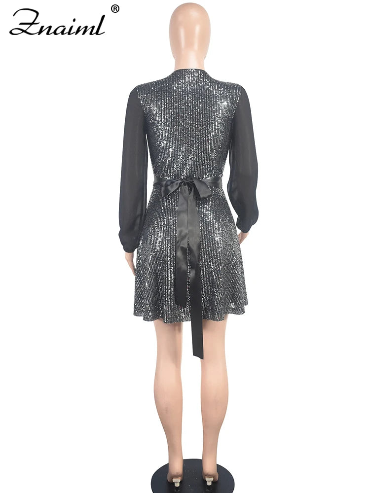 Znaiml Luxury Black Sequin Mesh Patchwork Long Sleeve V-Neck Loose Short Dress Elegant Birthday Party Women Clothing Clubwear