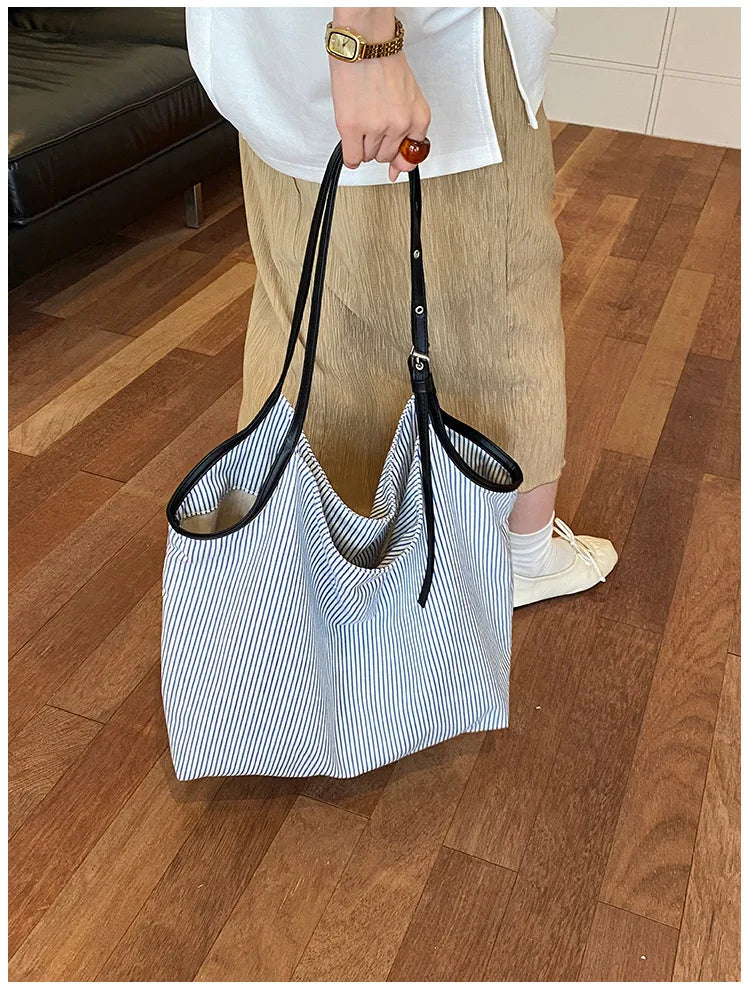 Casual Stripe Canvas Lightweight Shoulder Tote Bag for Women
