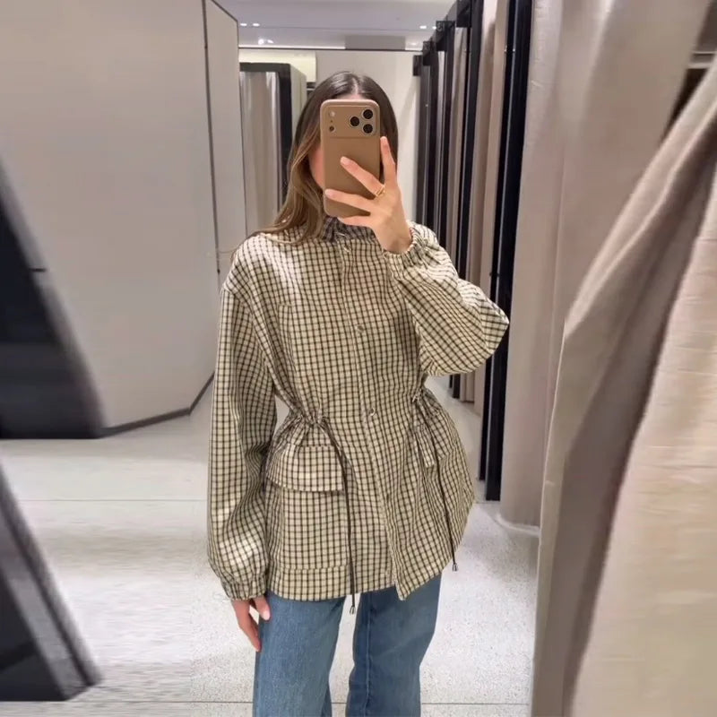 Grid Pattern Stand Collar Long Sleeve Coat for Women