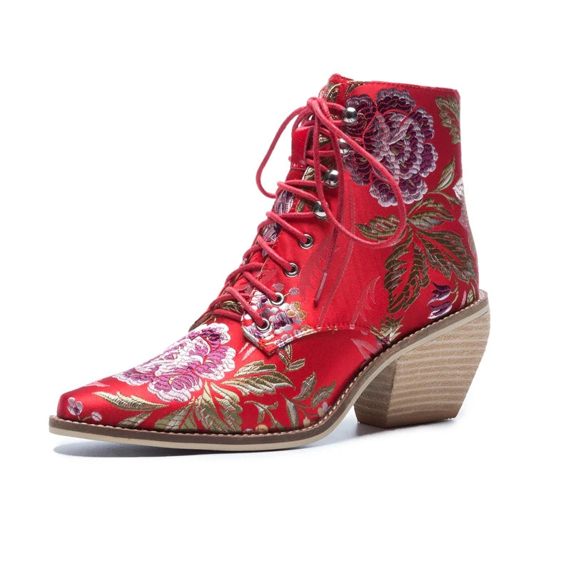 Blue Embroidered Flower Chinese Style Ankle Boots For Women