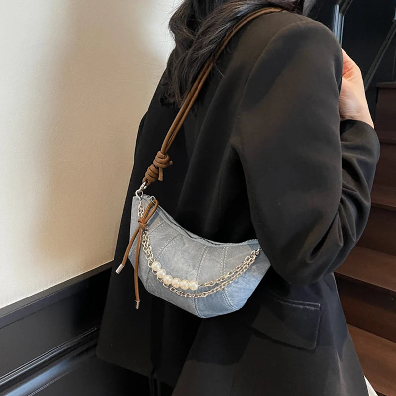 Retro Denim Dumpling Bag Creative Horn Design Pearl Pendant Messenger Bag Brand High-grade Leather Ladies Versatile Shoulder Bag
