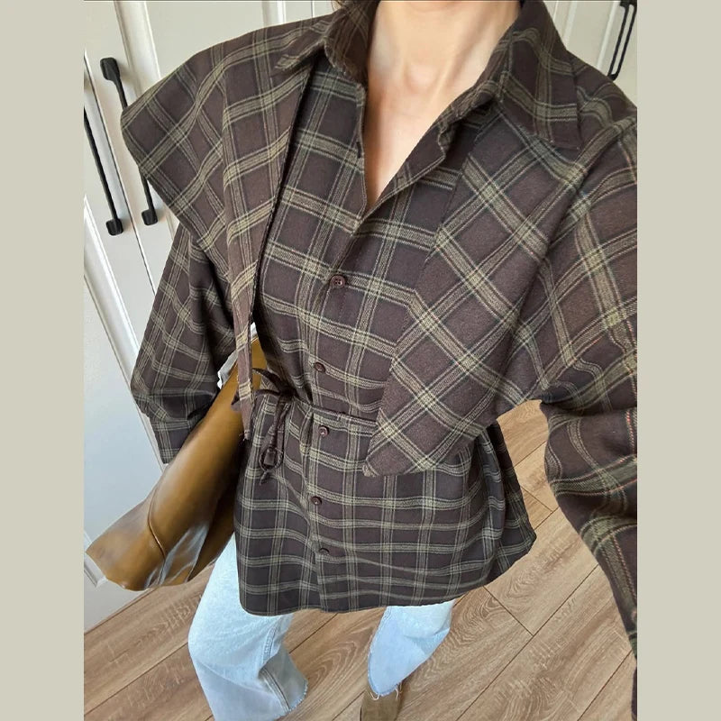 Elegant Plaid Patchwork Long Sleeve Shirt for Women