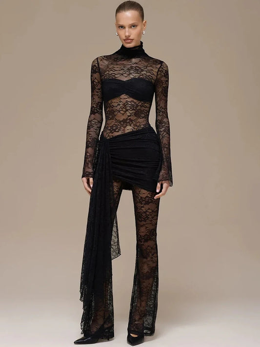 Lace Mesh Ruched Draped Jumpsuit