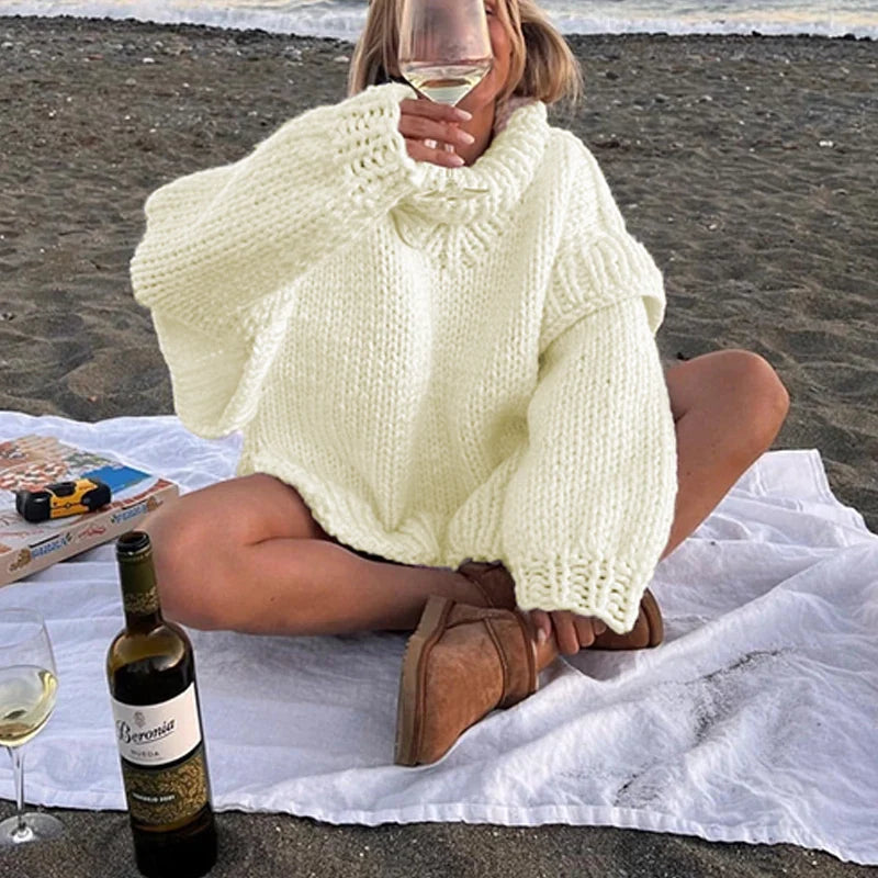 Women Casual Warm Winter Thick Sweater Fall Elegant Turtleneck Solid Knitted Jumper Femme Fashion Long Sleeve Loose Pullover Top