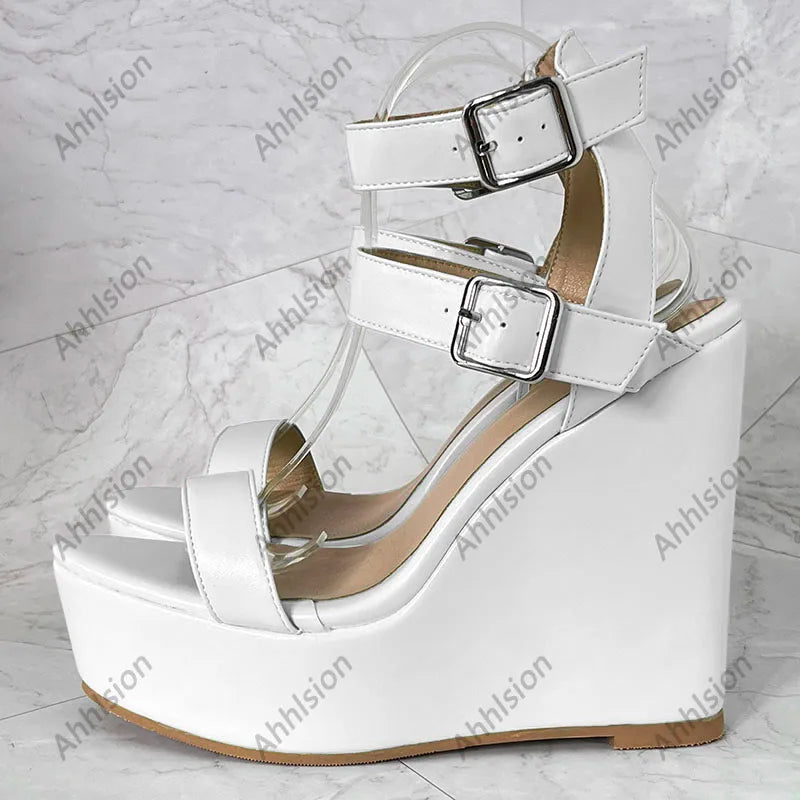 Yellow Open Toe Buckle Platform Wedge Sandals For Women