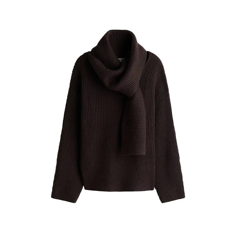 Women 's Sweater Elegant Scarf O-neck Knitted Thicken Full Sleeve Pullovers Female 2025 New Autumn Winter Woman Jacket Knitwear