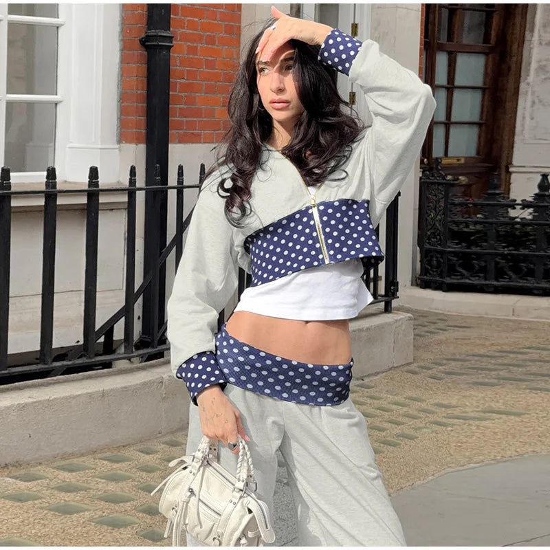 Polka Dot Hooded Zipper Crop Top And Wide Leg Pants For Women