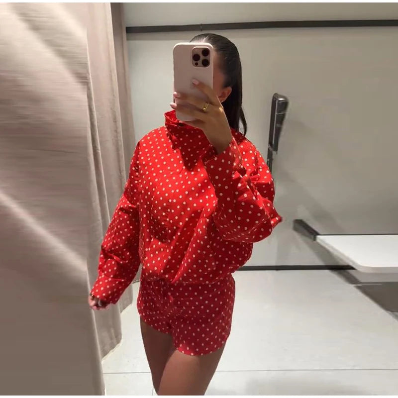 Polka Dot Stand Collar Jacket And High Waist Shorts For Women