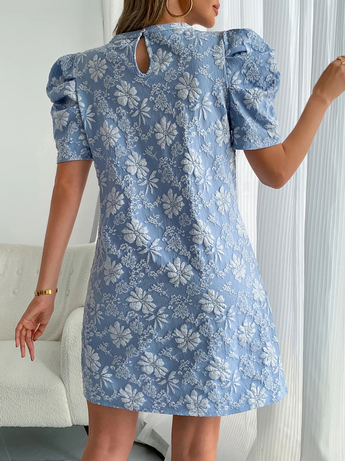 Textured Jacquard Puff Sleeve Midi Dress for Women