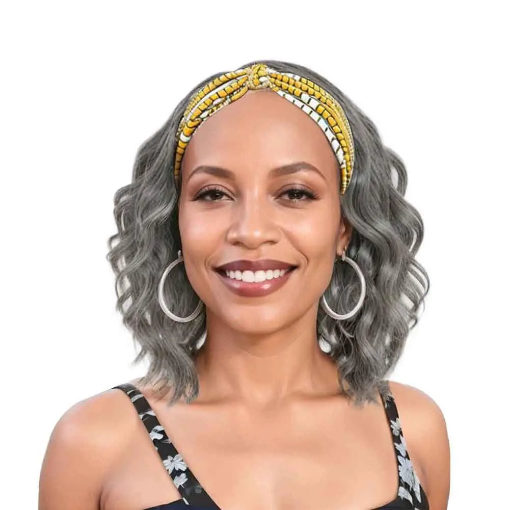 Elegant Gray Short Wavy Synthetic Headband Wig For Women