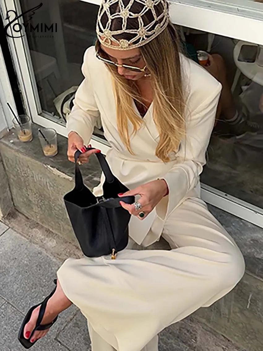 Oymimi Elegant Apricot 2 Piece Sets Women Outfit Fashion Long Sleeve Lace-Up Shirts And High Waist Straight Simple Trousers Sets