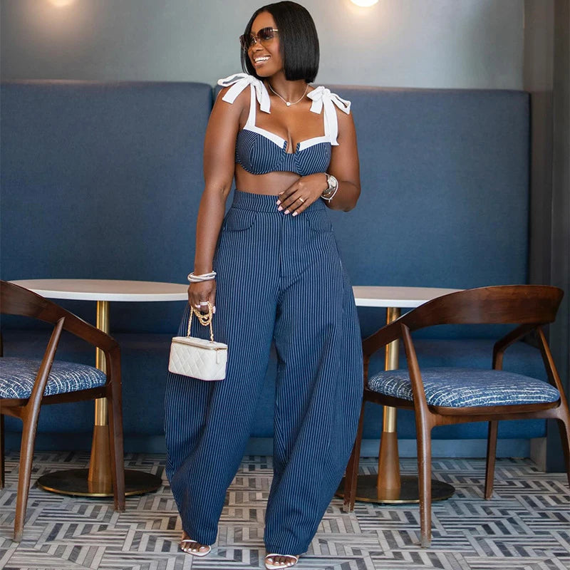 Striped Bow Crop Top And Wide Leg Pants Set For Women