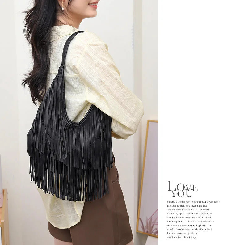 Long Tassel Lux PU Soft Leather Shoulder Bag for Women