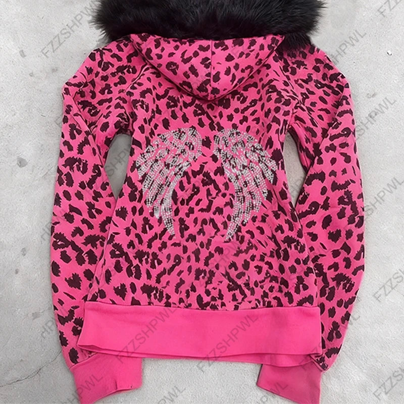 Casual Leopard Print Fur Collar Zipper Hoodie for Women