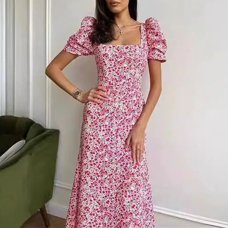 Elegant Fresh Slim Holiday Party Dress Casual Square Neck Puff Sleeve Long Dress Women Fashion Floral Print Waist Mermaid Dress