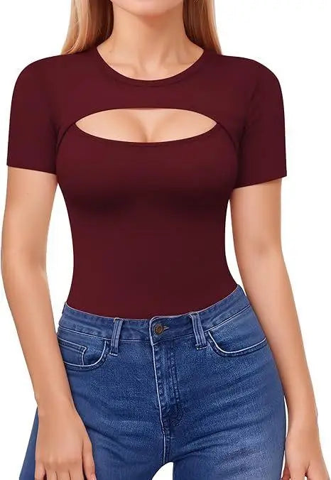 Seductive Tops Intricate Hollow Lacework T-Shirt Figure Hugging RoundNeck Blouse Classic Comfortable SolidColor Shirt