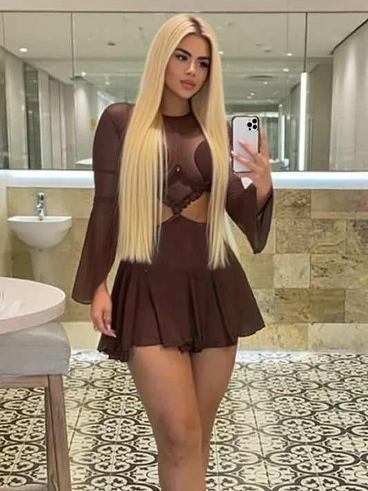 Weird Puss Waistless Pleated Hem Dress Women See Through Sexy Midnight Full Sleeve Coquette Clubwear Party Rave Mini Bodycon