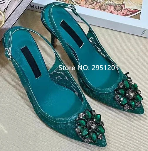 Pink Floral Print Rhinestone Slingback Dress Pumps High Heels For Women