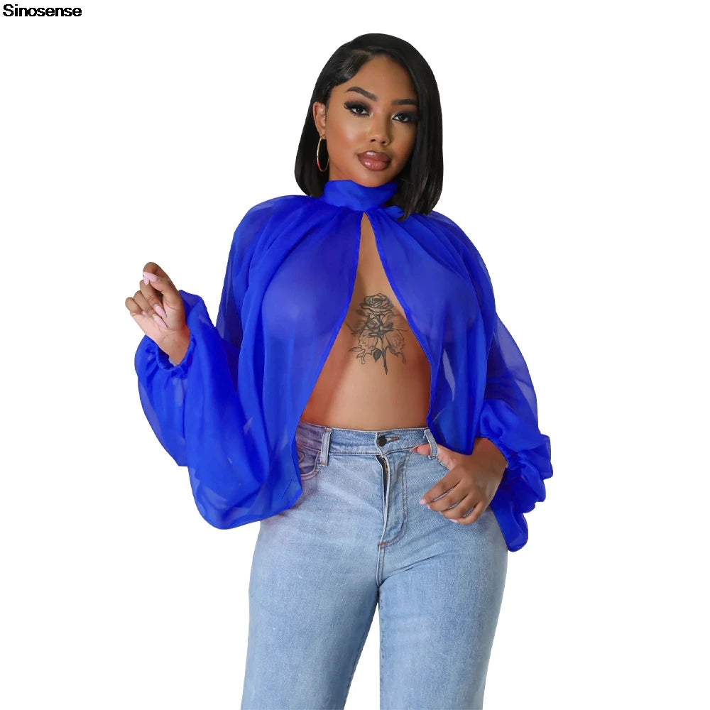 Sheer Lantern Sleeve Blouse with Tie Back for Women