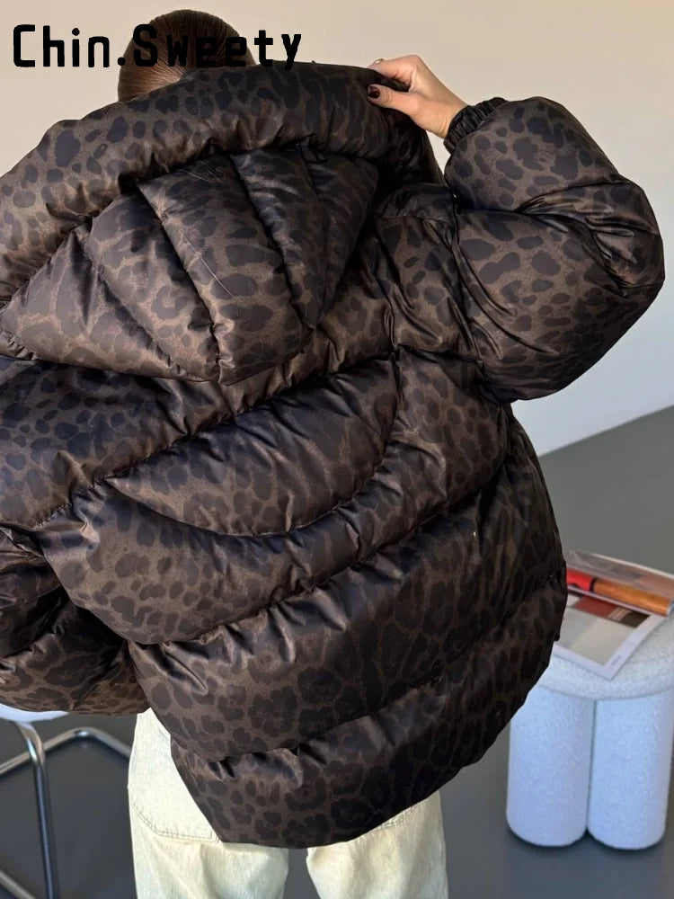 Casual Leopard Print Hooded Puffer Jacket For Women