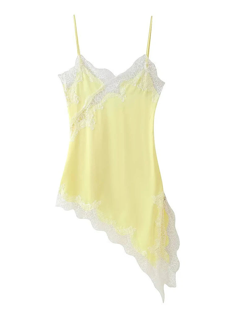 Brown Satin Lace Splicing Sling Dress Women Elegant Irregular Hem V Neck Backless Sleeveless Gown Chic Women Party Club Vestidos