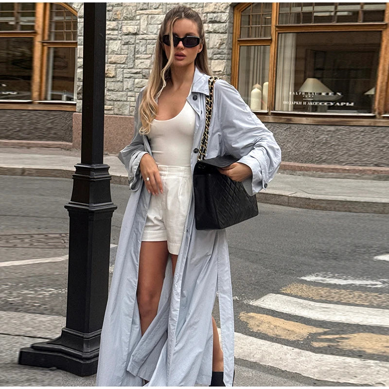 Lapel Collar Button Front Long Trench Coat With Waist Belt for Women