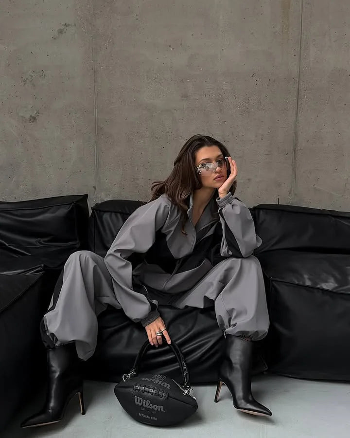 Casual Contrast Color Zipper Tracksuit Set for Women