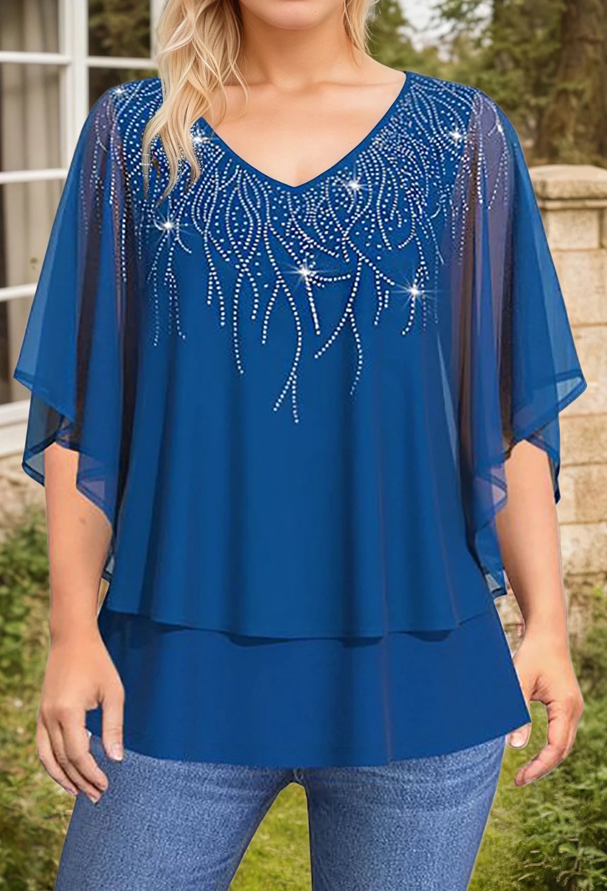 Women’s Plus Size Elegant Blouse Lace Patchwork 3/4 Sleeve Chiffon V-Neck Sequins Printed T-Shirt Double Layer Loose Female Tees