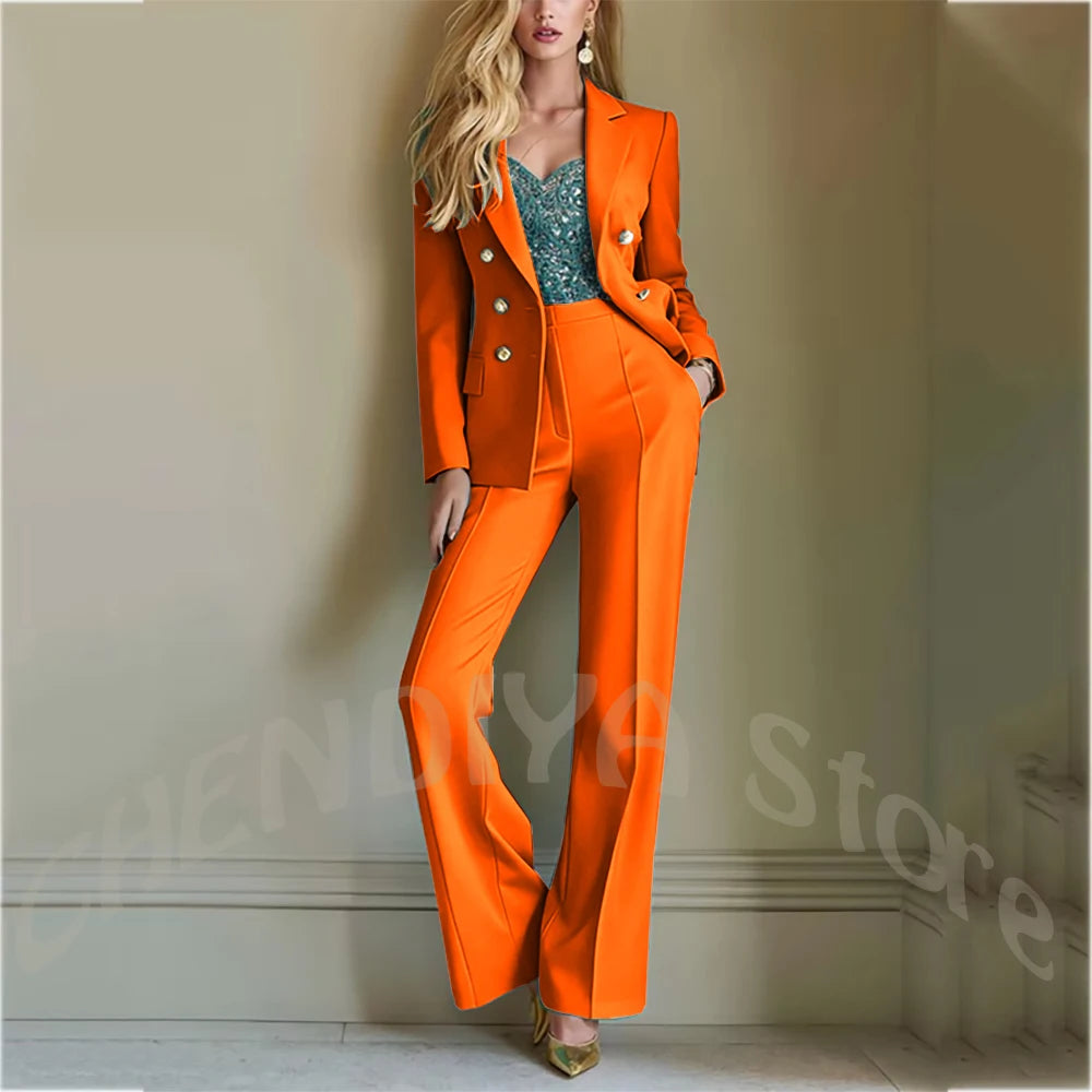 Solid Color Suit For Women High Quality Double Breasted Two Piece Notch Lapel Slim Fit Elegant Fashion Female Outfit Jacket Pant