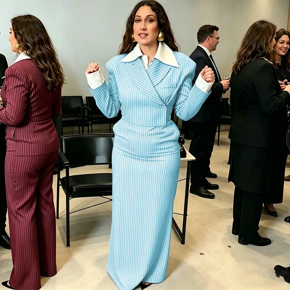 Navy Pinstripe Single Breasted Blazer Skirt Set for Women