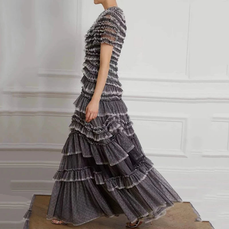 KUCLUT Fashion Women's Multi Layer Mesh Patchwork Dress Elegant Heavy Industry Evening Party Ruffled Short Sleeve Dresses YZJ28