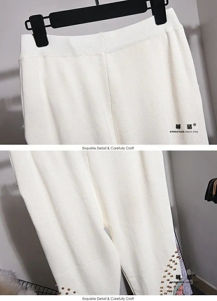 Spring Autumn Women Knitting Suits Trendy Beading Cross Stitch Pullover Sweater Top + Loose Casual Harem Pants White Knit Sets