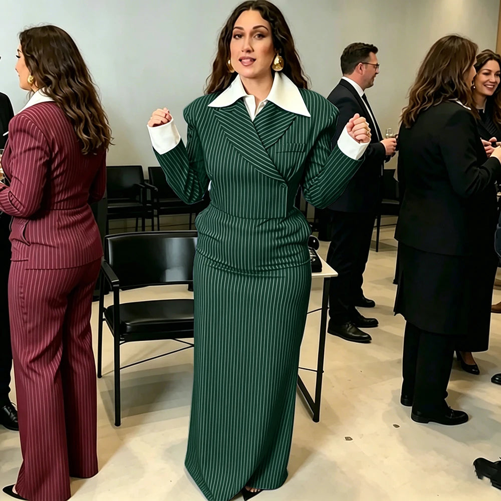 Navy Pinstripe Single Breasted Blazer Skirt Set for Women