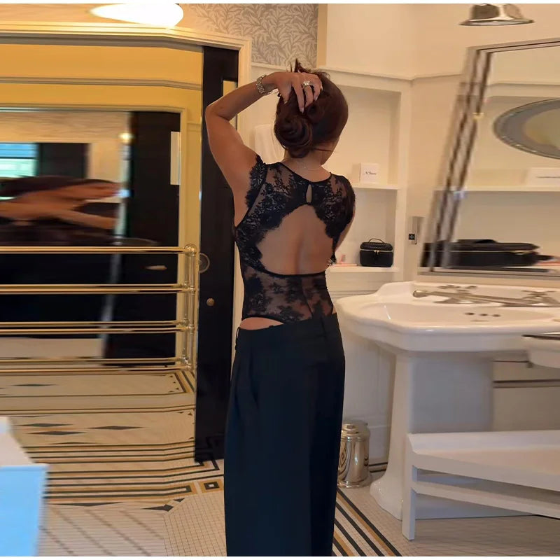 Black Backless Lace V Neck Sleeveless Bodysuit for Women