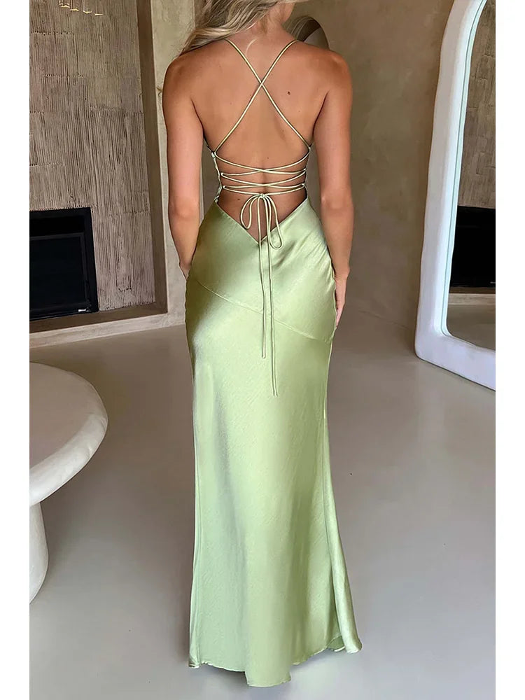 Elegant Backless Satin Maxi Dress With Lace Up For Women