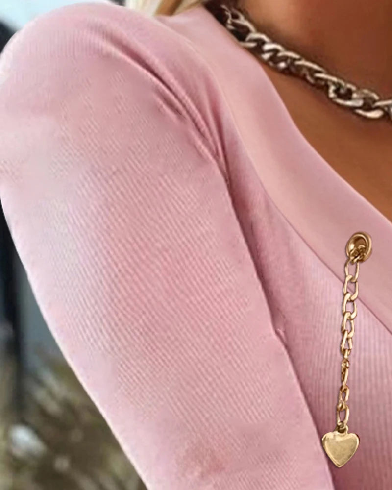 V-Neck Long Sleeve Chain Decor T Shirt Casual Slim Fit Ribbed Top